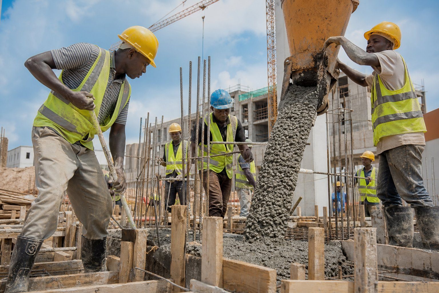 Concrete being poured on a Zambian construction site